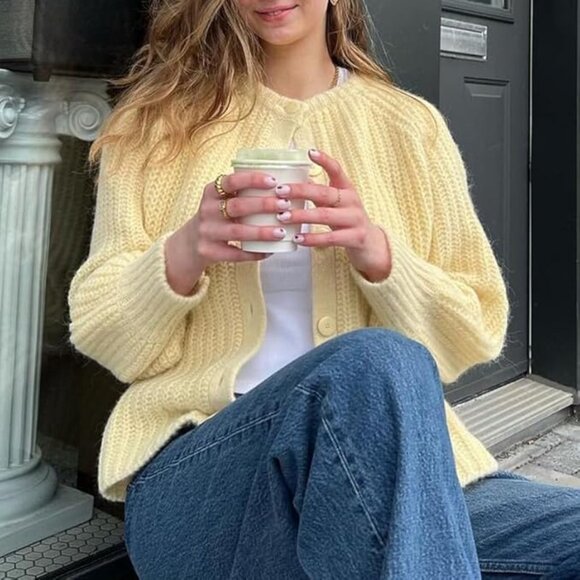 Chunky Knit Open Front Button Down Sweater with Crew Neck and Long Sleeves - Picture 2 of 7